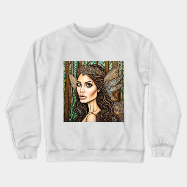 Angelina Jolie as a fairy in the woods Crewneck Sweatshirt by Colin-Bentham